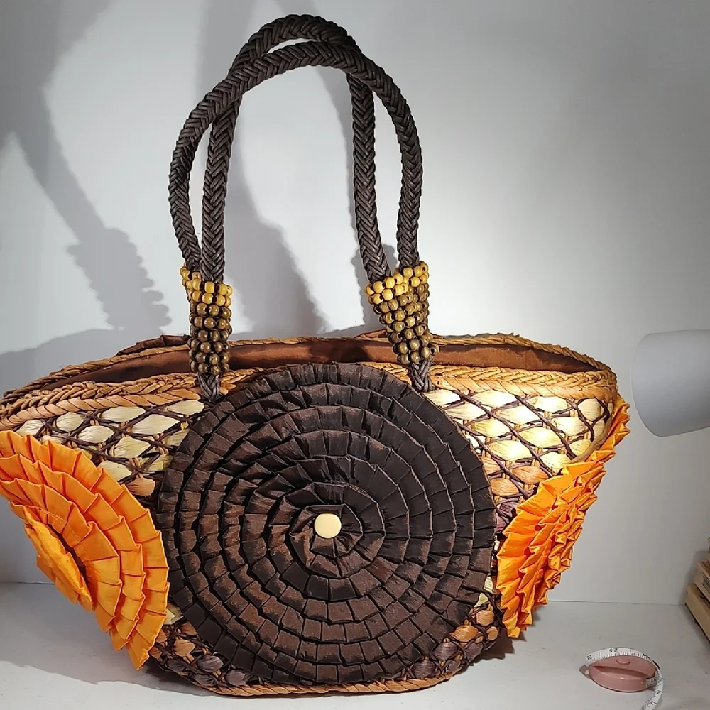 Chico's Brown and Orange Tote with Rosette Accents - Picture 11 of 16